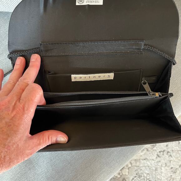 Partners Black Satin Evening Purse Handbag Clutch Hideaway Strap Small - Picture 10 of 13